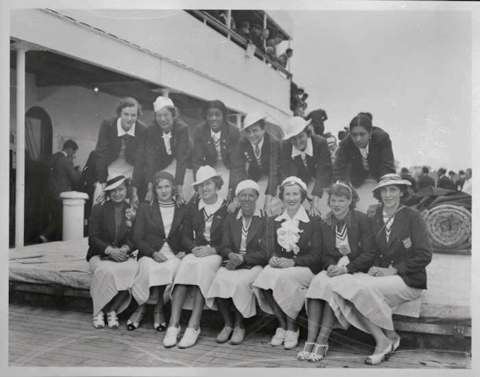 Stokes (third from left in back row) and Pickett (last in back row) returned to the U.S. on the SS President Roosevelt after being in Berlin for Olympics.